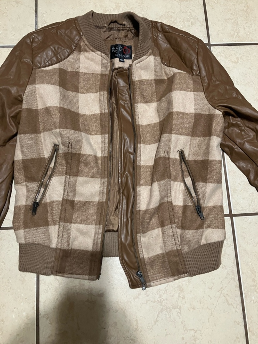 Red Envelope Brown and Cream Plaid Bomber Jacket